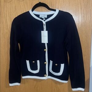 Navy Blue Cardigan with White Trim